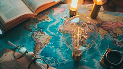 Education and Intelligence Collage with Global Travel Theme, bulb, light, map