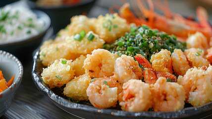 Plate of fried shrimp garnished with chives close-up