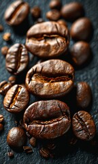 Fototapeta premium Close-Up of Coffee Beans on Dark Background. Generative ai