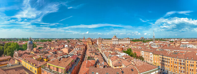 Panoramic view of Modena's vibrant downtown, captured from the iconic Ghirlandina bell tower,...