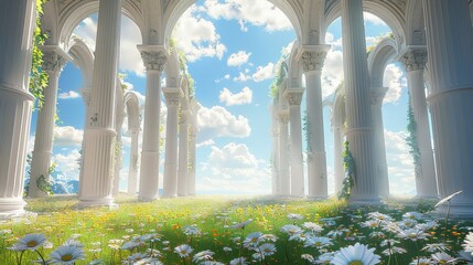 A large open space with grass and wildflowers, with many white columns surrounding it, the sky is blue and clouds, the building in front has an arched roof, marble pillars and arches. Generative AI. - Powered by Adobe