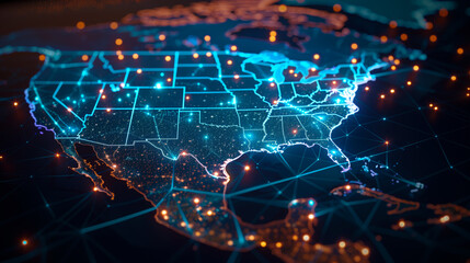 Digital Map of the USA with Network Connections concept. A futuristic digital map of the United States showcasing interconnected nodes and glowing lines representing network connections.