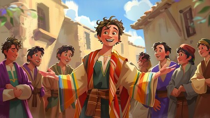 Explore a humorous illustration capturing Joseph's escapades in his coat of many colors, showcasing the diverse reactions of people around him in a comical and engaging manner