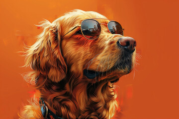 Dog Wearing Sunglasses in Artistic Style. A digital artwork of a dog wearing sunglasses, rendered in a vibrant, detailed pixel art style with an orange background.