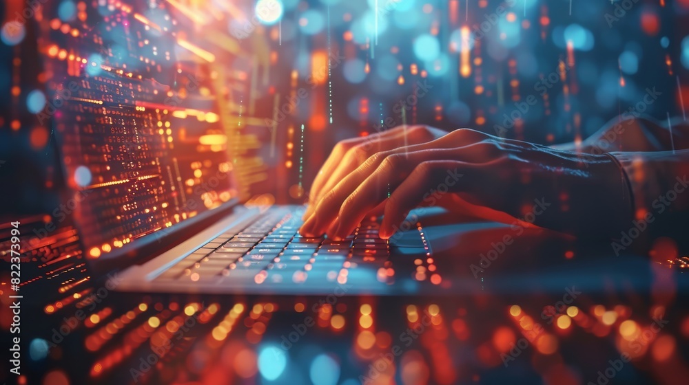 Fototapete close up hands of a businessman typing on a laptop keyboard with a glowing data and code background,