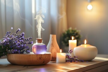 Aromatherapy Session with Essential Oil Diffusers, Lit Candles, and Fresh Lavender for a Serene...