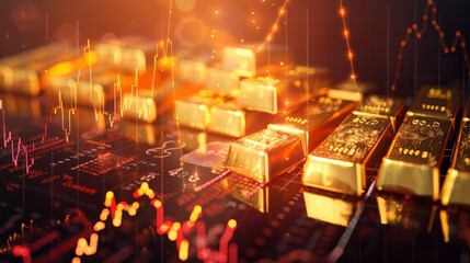 Financial chart overlaying gold bars, illustrating profitable investment and economic stability.