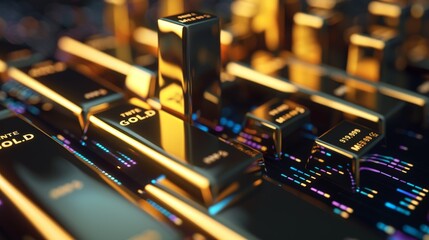 Financial chart overlaying gold bars, illustrating profitable investment and economic stability.