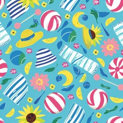 Playful Seamless Summer Pattern with Volleyballs, Sun Hats, and Beach Towels for Seasonal Retail Products