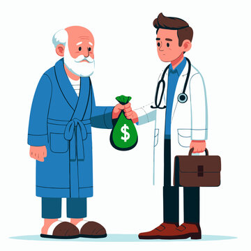 Vector illustration of an elderly patient paying a doctor for out-of-pocket medical expenses, isolated on a white background