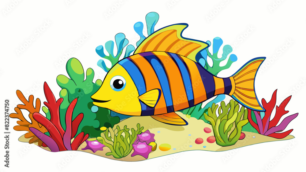 Poster a brightly colored fish with bold stripes and a pointy snout swimming playfully in a coral reef surr