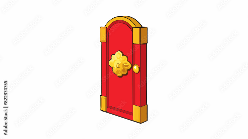 Poster a bright red door with a shiny gold door in the shape of a lions head. its surface was smooth and wa