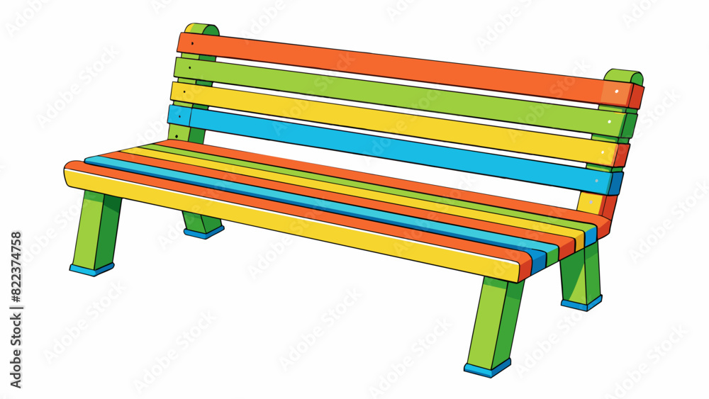 Poster a brightly colored bench made of recycled plastic materials featuring a slatted seat and backrest wi