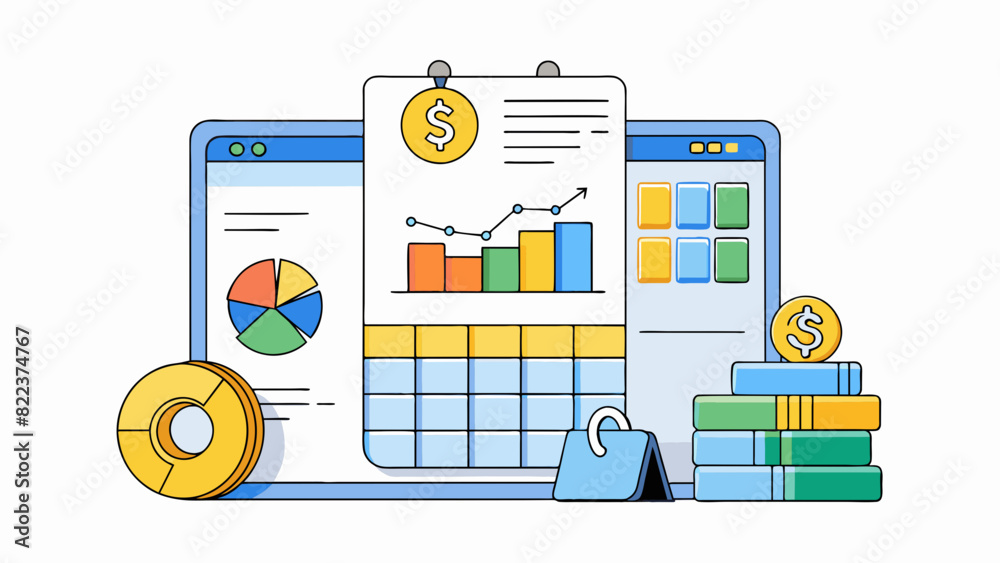Poster A budget planning program that helps users track their expenses and create a financial plan. The objects in this program include income and expense. Cartoon Vector