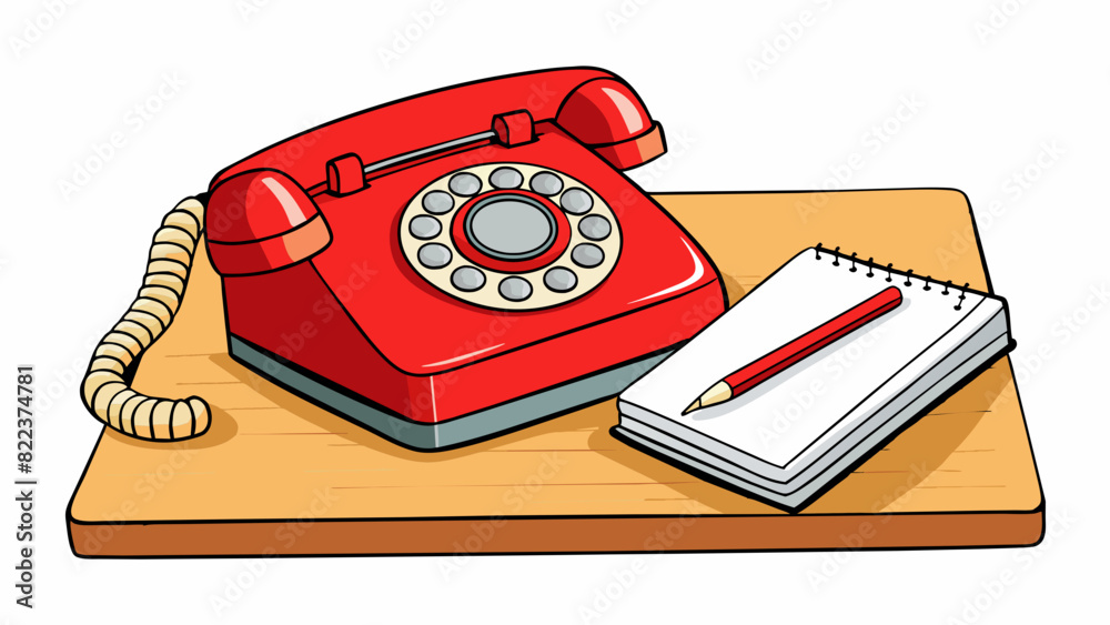 Poster a bright red rotary phone sitting on a sy wooden desk. the cord coils down to the floor and the rece