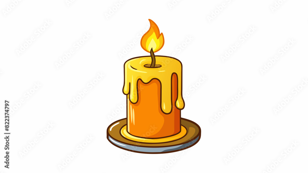 Poster a burning candle this object is a solid wax with a tall and cylindrical shape. it gives off a warm o