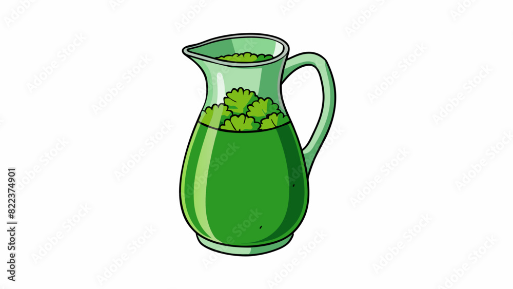 Poster a ceramic pitcher filled with a vibrant green juice made from a variety of fresh vegetables includin
