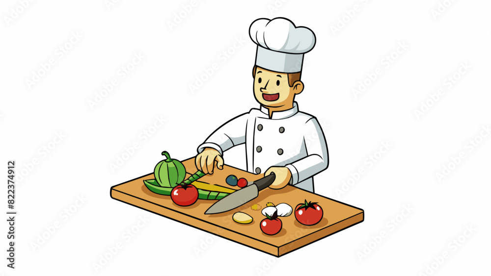 Poster A chef meticulously chopping vegetables on a ting board with all the pieces uniformly sized and neatly arranged.. Cartoon Vector