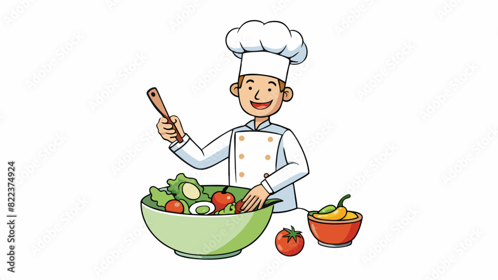 Poster a chef preparing a salad by tossing together crisp lettuce juicy tomatoes and crunchy cucumbers in a