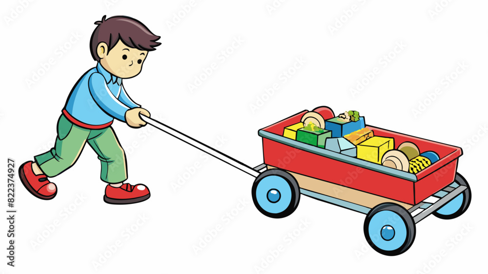 Poster A child pulling a wagon full of toys struggling to move it across a bumpy sidewalk. The wagon is made of plastic and has a handle for the child to. Cartoon Vector