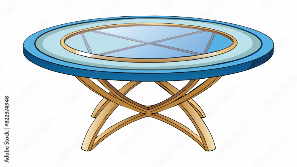 Poster A circular table with a glass top supported by a metal frame that forms a geometric design. The base of the table is a pedestal with curved legs. Cartoon Vector