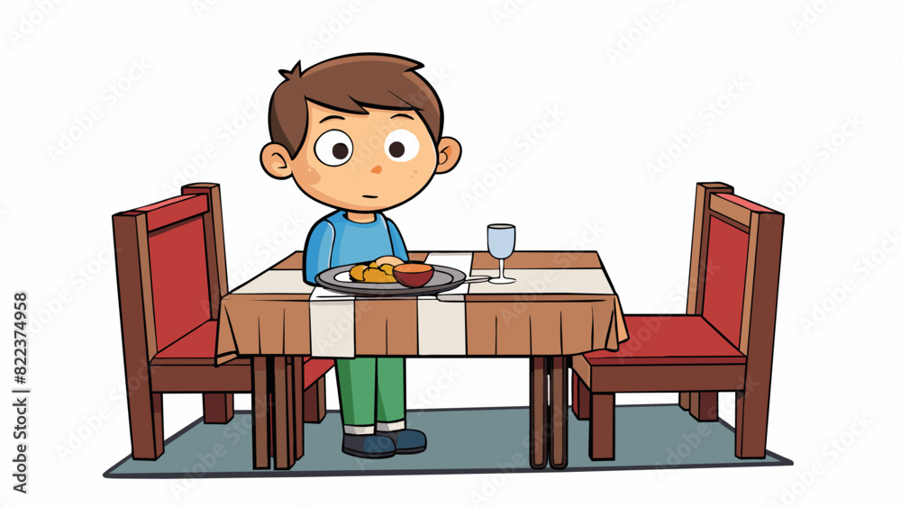 Poster A child sitting still in a restaurant quietly waiting for their food without fidgeting or causing a scene demonstrating discipline and proper behavior. Cartoon Vector