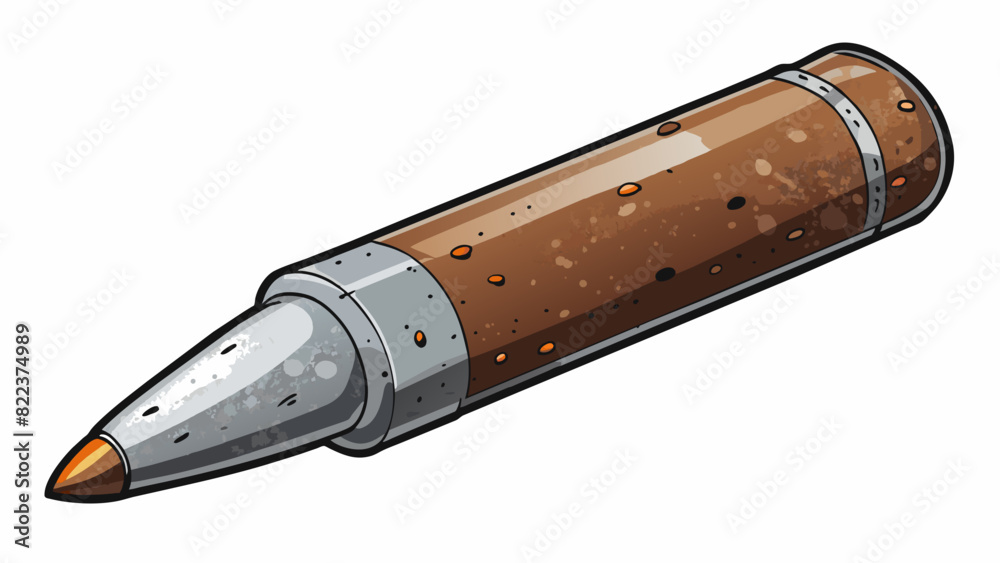 Poster A closeup shot of a metal bullet partially covered in rust spots and etched with small scratches. The tip is sharp and glints in the sunlight while. Cartoon Vector