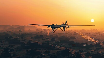 Military drone over a war zone at sunset by generative AI.