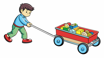 A child pulling a wagon full of toys struggling to move it across a bumpy sidewalk. The wagon is made of plastic and has a handle for the child to. Cartoon Vector
