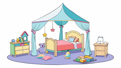 A childs bedroom A sweet canopy bed sits in the center of the room surrounded by stuffed animals in every shape and size. Brightly colored toys cover. Cartoon Vector