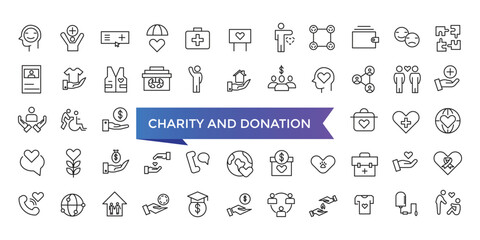 Charity and Donation icon collection. Help, volunteer, donated, assistance, sharing and Linearity symbol. Line icons vector set.