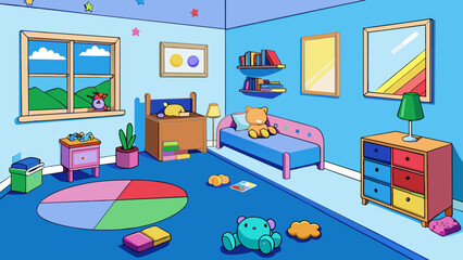 A childs bedroom with a rainbow of stuffed animals tered across the sky blue carpet. The walls are covered with brightly colored posters and artwork. Cartoon Vector