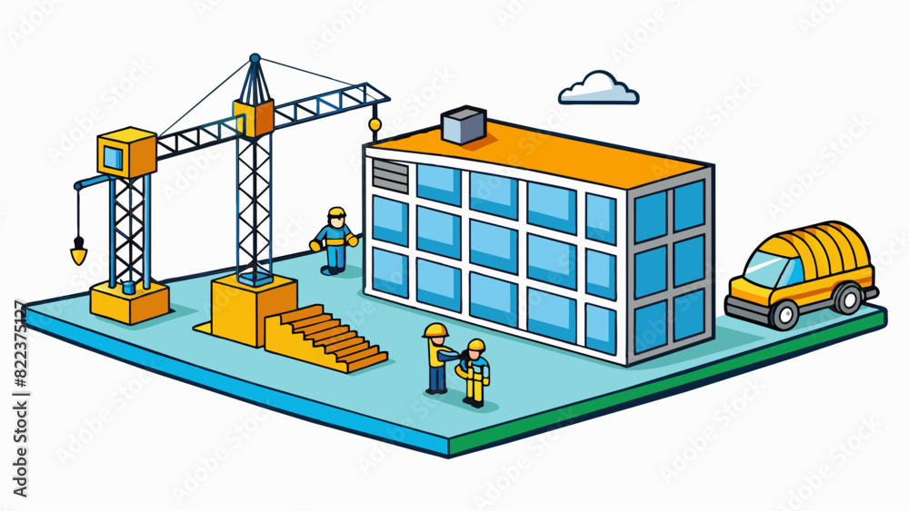 Poster A construction site with a new building being erected. At first it is just a simple frame but as time goes by the walls windows and doors are added. Cartoon Vector