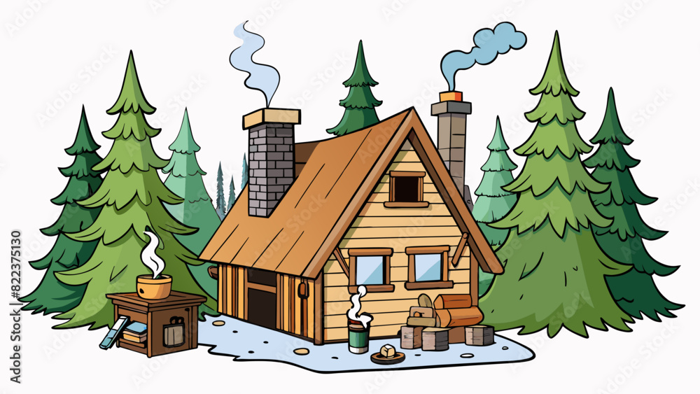 Poster a cozy rustic cabin nestled in a forest of towering pine trees. the smell of woodsmoke lingers in th