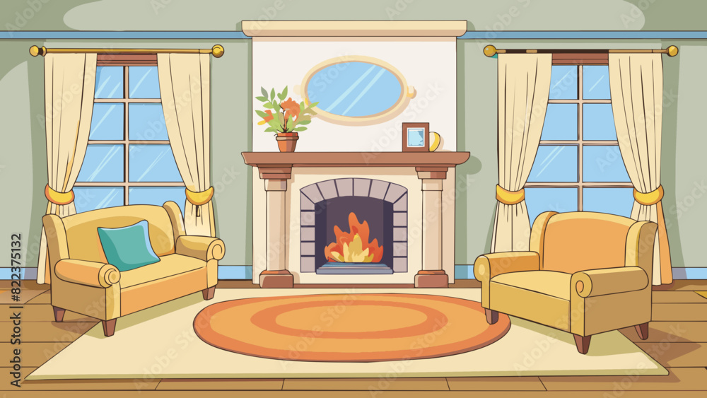Poster a cozy living room is illuminated by a warm crackling fireplace. the walls are painted a soft cream 