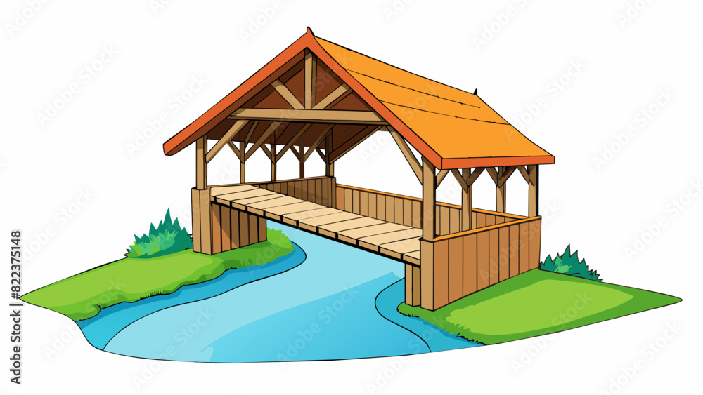 Poster a covered wooden bridge with a sloping roof and open sides crossing a picturesque stream. the bridge