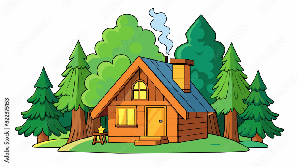 Poster a cozy cabin nestled in a lush green forest with a crackling fire and warm candlelight flickering in