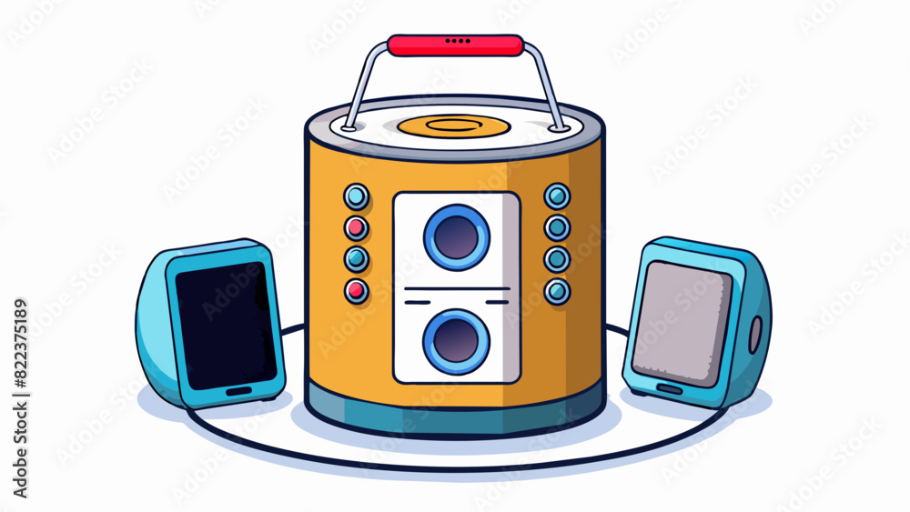 Fototapete A cylindrical device with a large speaker on top and buttons for volume and playback control. It is designed for listening to music and has a sleek. Cartoon Vector