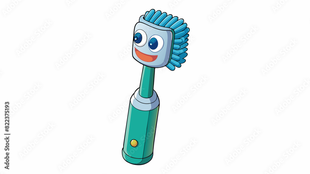 Poster A cylindrical object with a rotating head used for cleaning and removing plaque from teeth. Its bristles are soft and flexible to effectively clean. Cartoon Vector