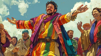 Fototapeta premium Explore a humorous illustration capturing Joseph's escapades in his coat of many colors, showcasing the diverse reactions of people around him in a comical and engaging manner