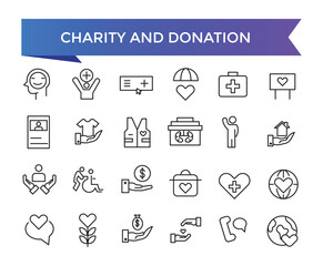 Charity and Donation icon collection. Help, volunteer, donated, assistance, sharing and Linearity symbol. Line icons vector set.