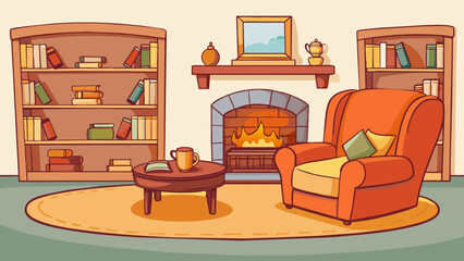 A cozy living room with a crackling fireplace a soft plush couch and shelves lined with books. The room is filled with warm golden light and the smell. Cartoon Vector