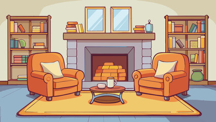 Fototapeta premium A cozy living room Soft plush cushions line a comfy couch inviting you to sink in and relax. A warm crackling fire dances in the fireplace casting a. Cartoon Vector