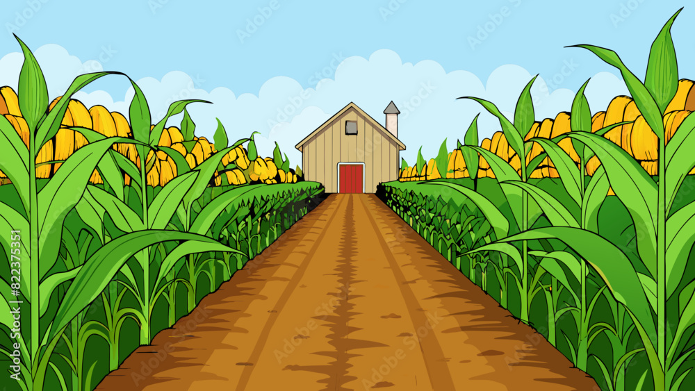 Poster a field of neatly planted corn its tall stalks standing in uniform rows with vibrant green leaves an