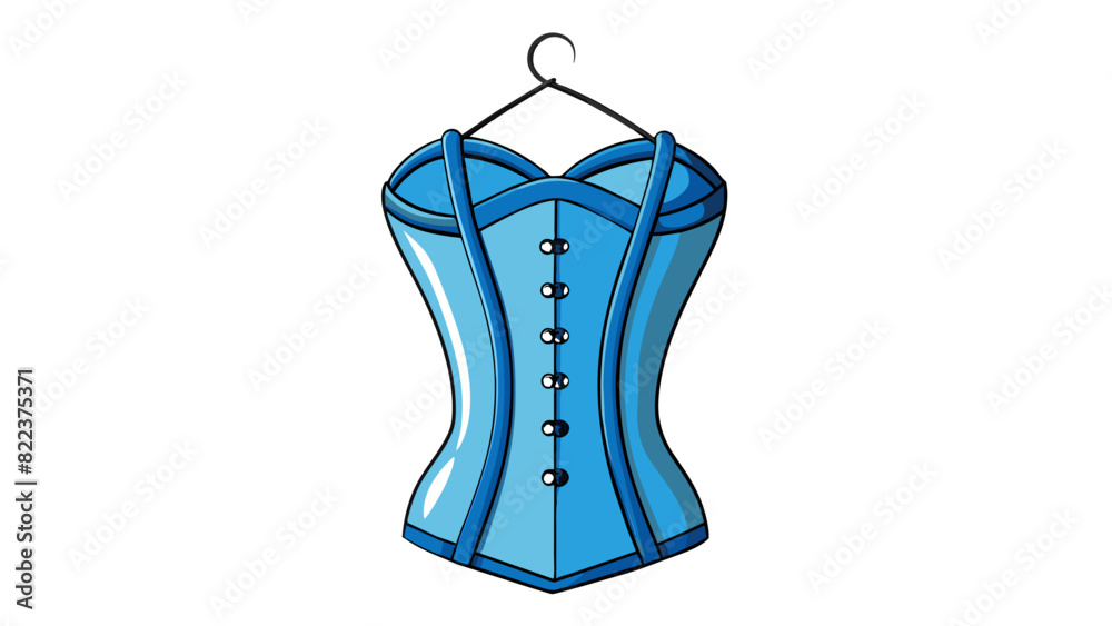 Poster A faded blue corset hanging on a hook on the back of a bedroom door. Its boning is visible creating a structured hourglass shape and the laces are. Cartoon Vector