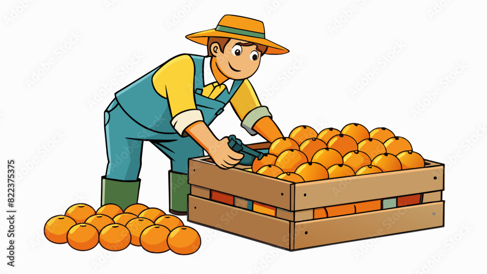 Poster a farmer inspects the bushels of ripe plump oranges in their orchard carefully packing them into cra