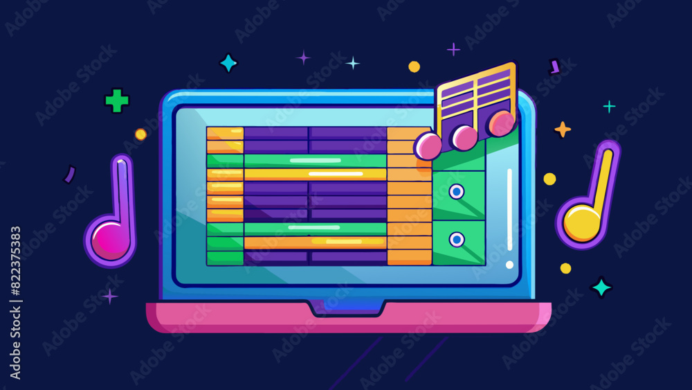 Poster a digital score glowed brightly on the computer screen its notes and staves lit up in vibrant colors