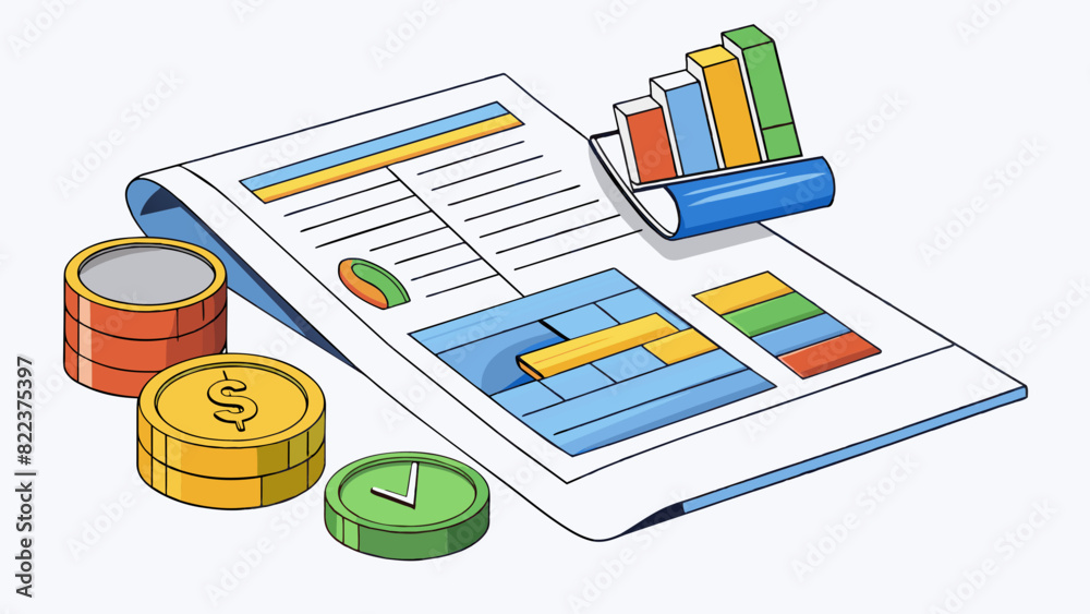 Poster A financial account statement with a table showing the date description and amount of each transaction. It also includes a section for current balance. Cartoon Vector