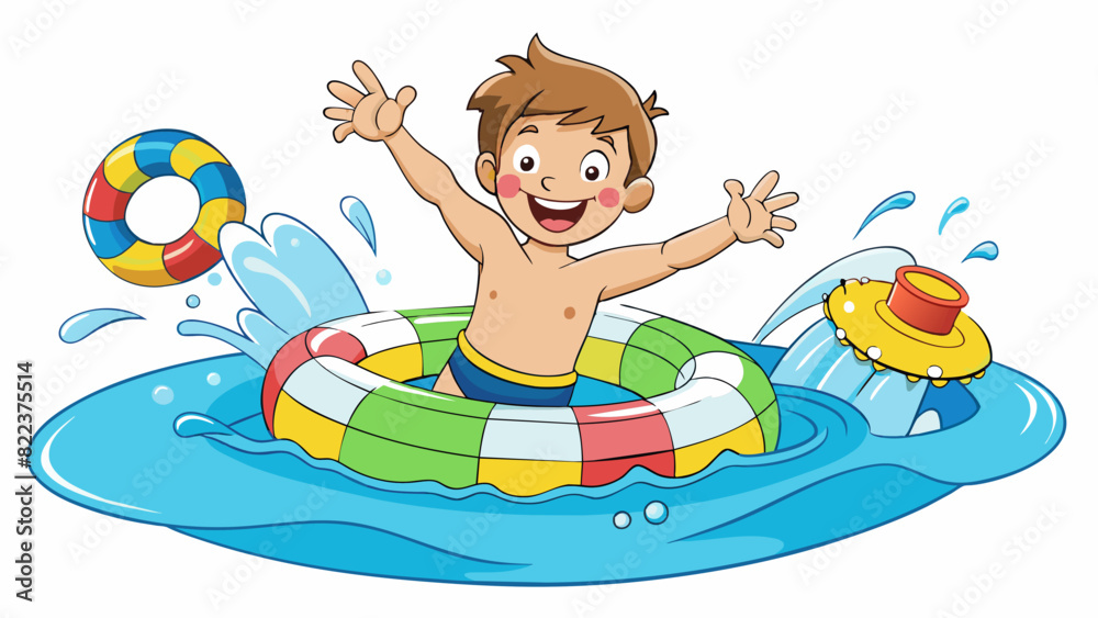 Aufkleber A giggly kid splashing around in a pool surrounded by colorful floating tubes and toys. They are wearing a pair of inflatable armbands and a big smile. Cartoon Vector