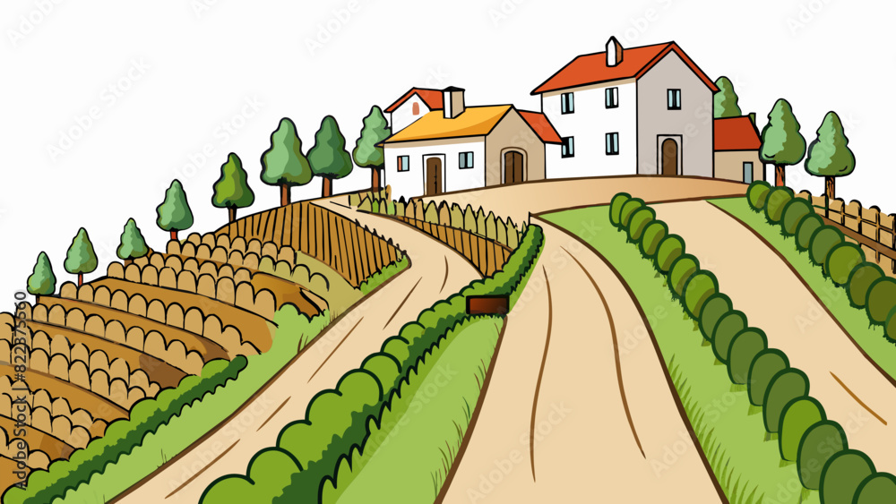 Aufkleber a gentle slope of land covered in rows of vineyards and dotted with quaint stone cottages. the air i